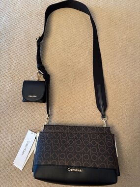 Calvin Klein Brown Logo Canvas Crossbody with Black Trim and Coin Pouch